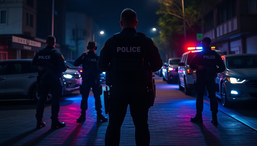 Law enforcement officers in tactical gear during nighttime raid with police lights.