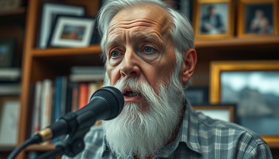 Older man podcasting about audio summaries, dimly lit room.