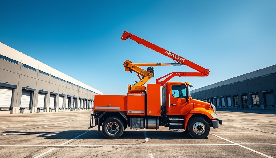 Swappable truck-mounted aerial lift in industrial area.