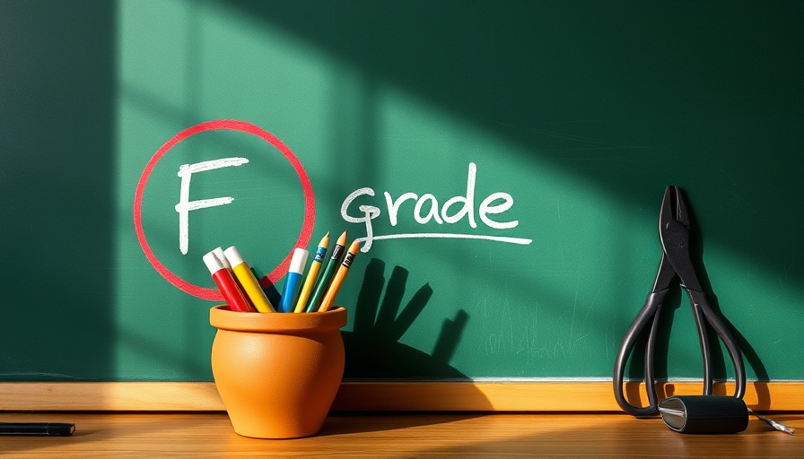 Chalkboard with F grade, pencils beside it in an educational setting.