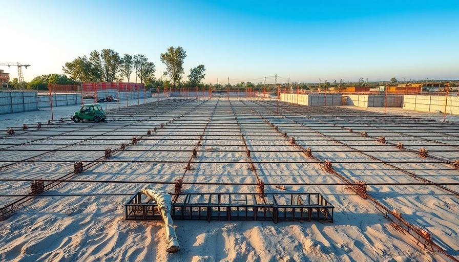 Expansive construction site with rebar installation layout.