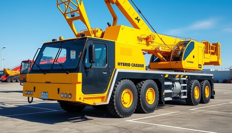 Yellow hybrid all-terrain crane parked outdoors.