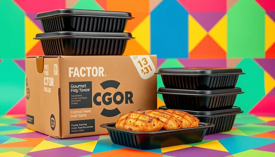 Factor Protein Plus Meals packaging with grilled chicken dish on colorful background.