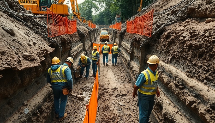 Construction workers performing safe trenching and excavation with safety gear.