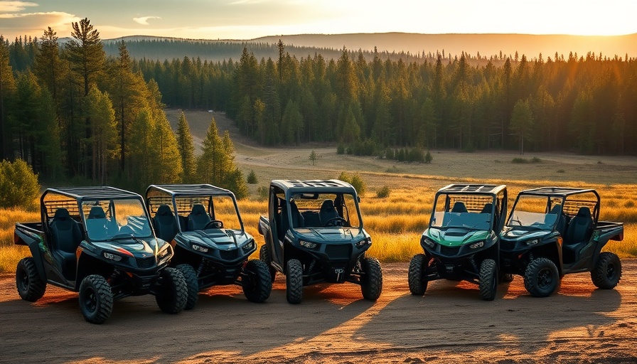 Lineup of electric UTVs on a dirt field under a clear sky, Electric UTV 2026.