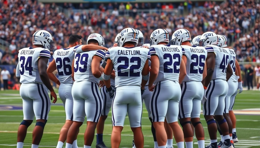 TCU football players huddle post-game demonstrating team spirit.
