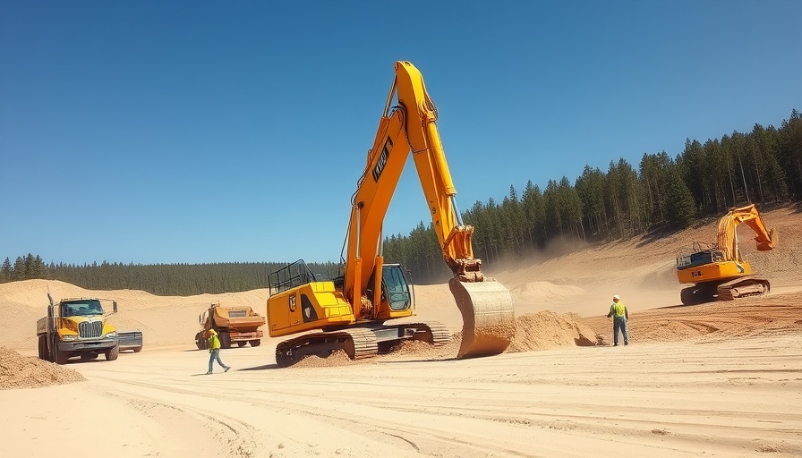 Active South Carolina construction site with excavator and workers.