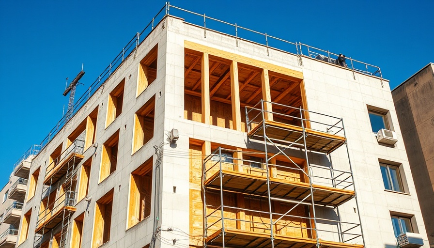 Construction site with visible mistakes and scaffolding highlighting issues.