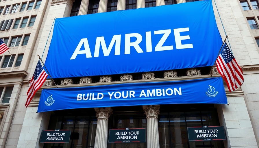 Amrize blue banner on stock exchange highlighting partnership.