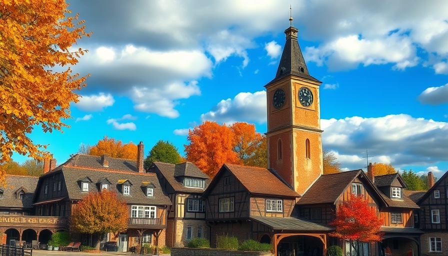 Charming historic village with clock tower in sustainable travel destination.
