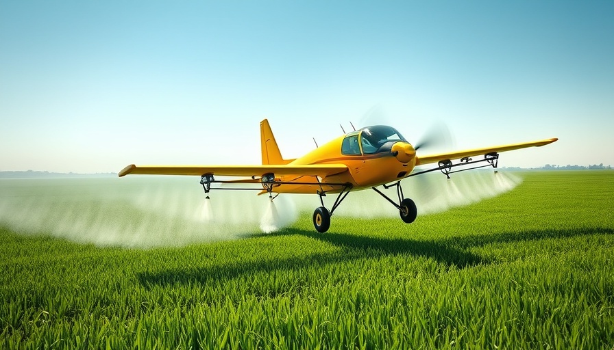 Crop duster spraying pesticides over a large agricultural field.