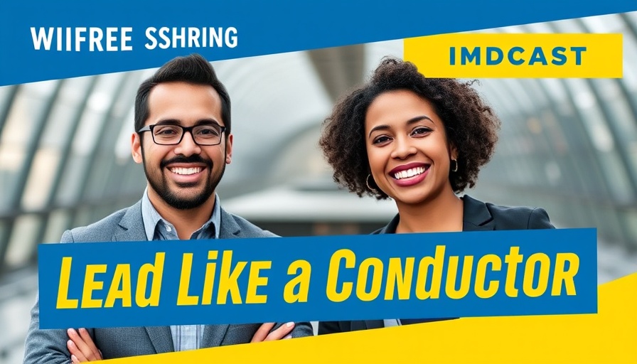 Lead Like a Conductor podcast promotional banner with two smiling individuals.