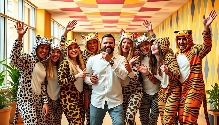 Cheerful group in costumes posing; vibrant room patterns.