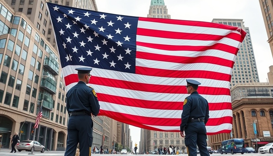 Uniformed individuals hold large American flag on city street, symbolizing federal workforce shutdown.