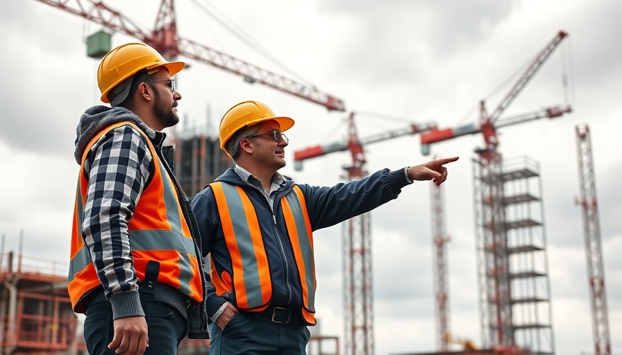 Two young engineers discussing construction project at industrial site.