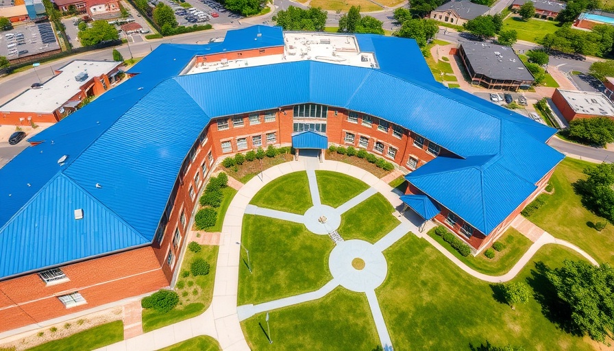Aerial view of school with blue standing seam metal roofing.