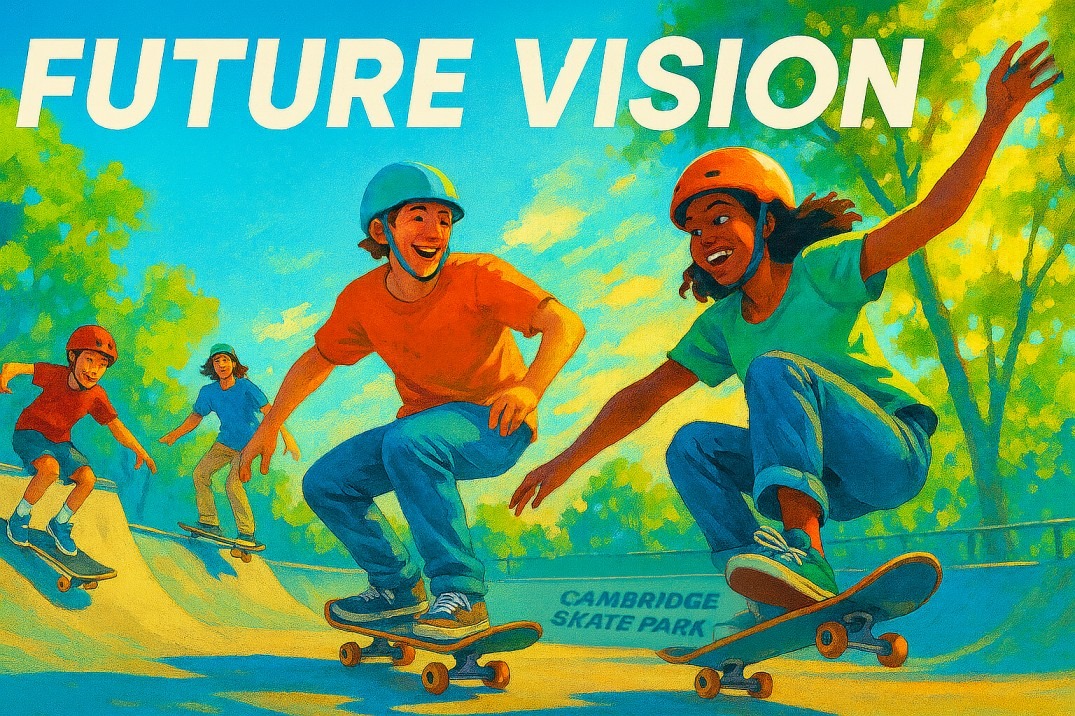 Vibrant scene of enthusiastic skaters at Cambridge Skate Park under warm sunlight.