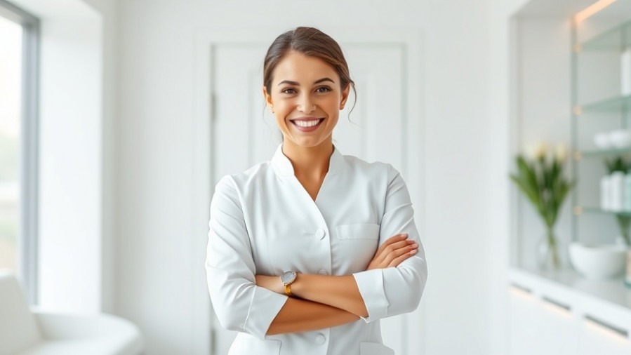 Confident med spa professional with arms crossed, showcasing marketing strategies in digital innovation.