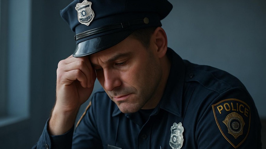 Concerned police officer in uniform, reflecting on officer wellness and public safety.