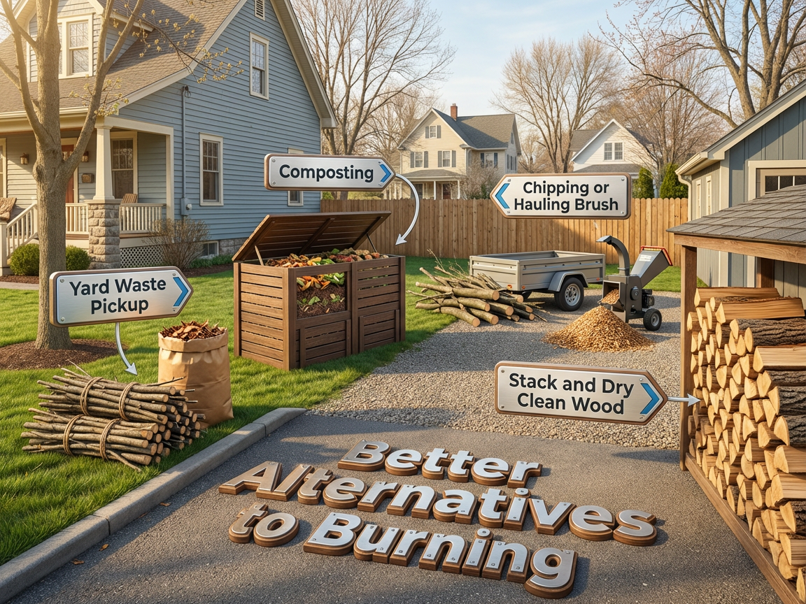 A bold, photorealistic infographic shows four safer alternatives to open burning in a residential village yard: bundled yard waste at the curb for pickup, a backyard compost bin filled with leaves, stacked brush ready for chipping or hauling, and neatly stacked firewood drying for future permitted use. Clean labels and subtle three-dimensional design make the image easy to read, with no smoke or flames.
