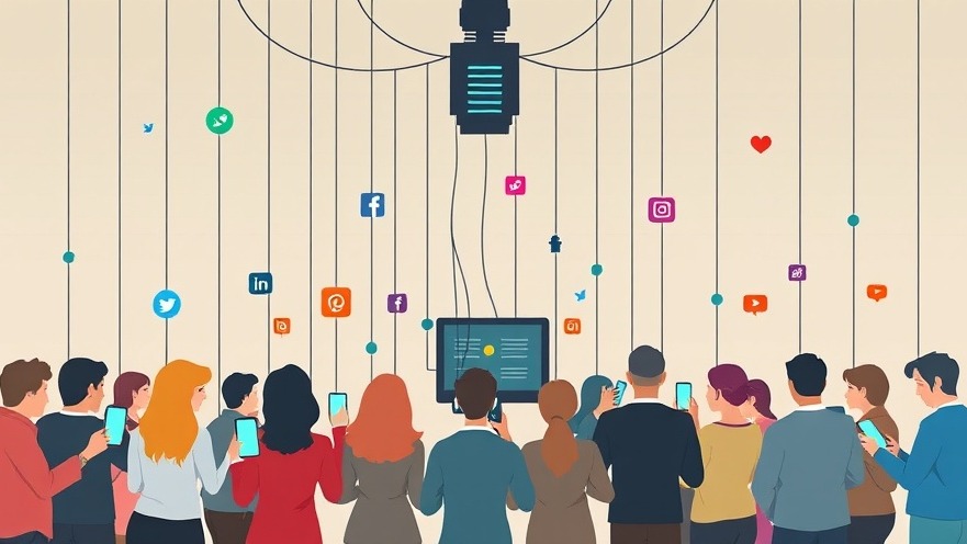 A visual metaphor of AI algorithms manipulating public opinion, depicted as digital strings or puppet controls attached to diverse groups of people holding smartphones and engaging with social media. 