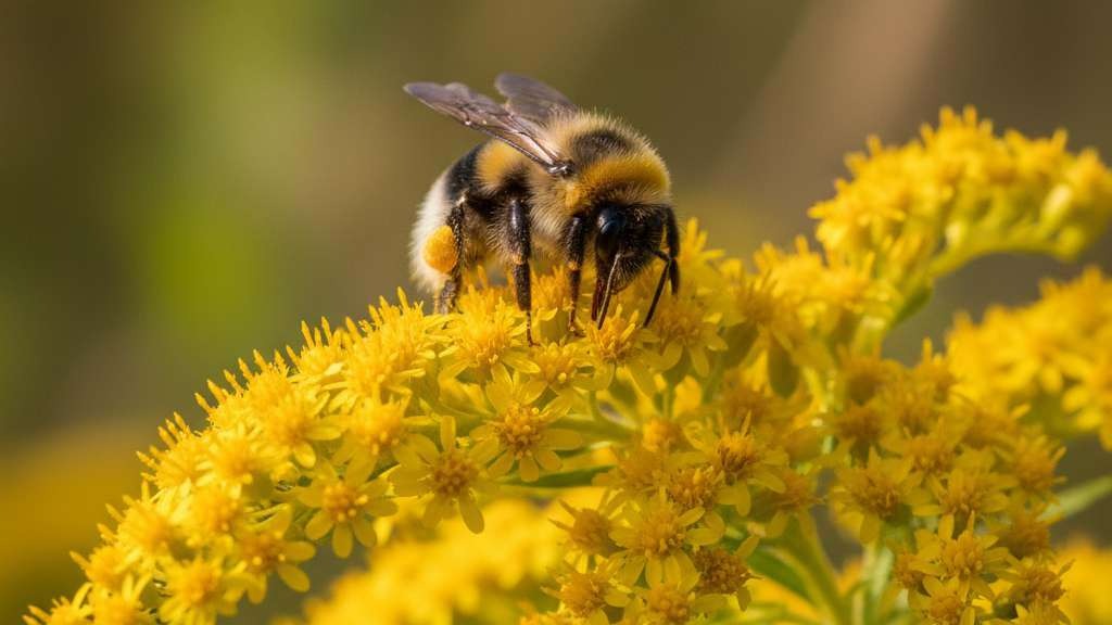 Close-up of a bumblebee on goldenrod flowers in summer sunlight.