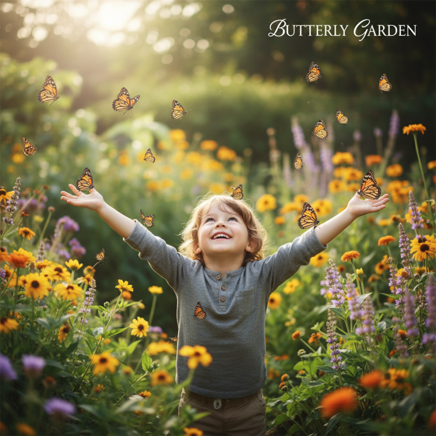 Joyful child in a Butterfly Garden, arms outstretched, butterflies fluttering.