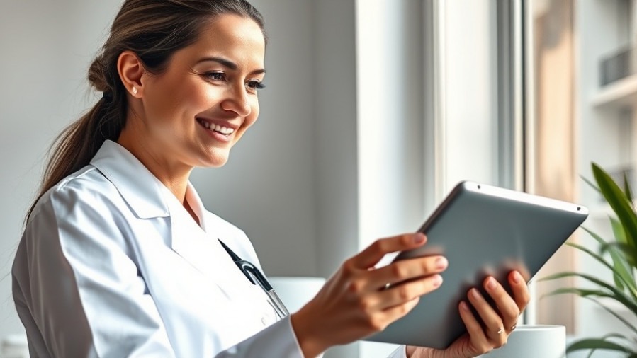 Confident MedSpa owner using AI optimization techniques on a digital tablet.