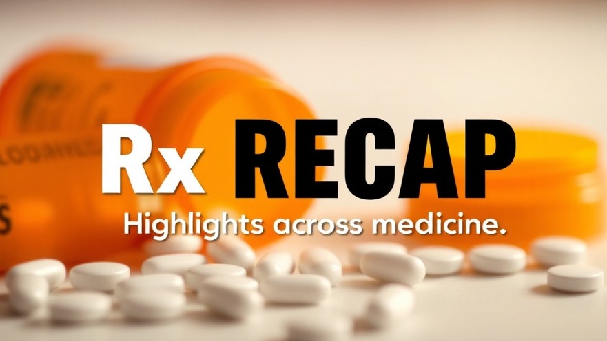 Blurred pill bottle and pills with Rx recap text overlay.