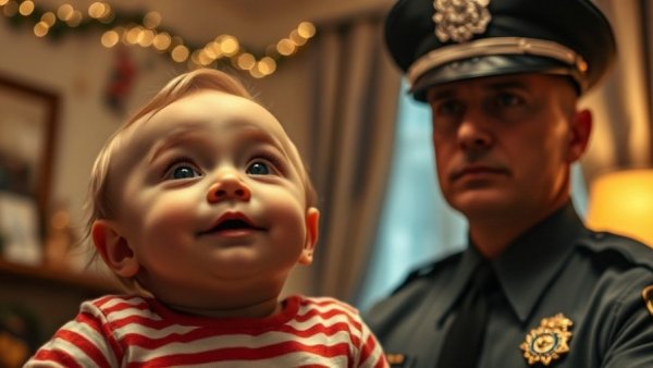 Curious baby and focused police officer in contrasting settings.