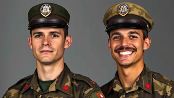 Two National Guard members in uniform, serious and smiling expressions.