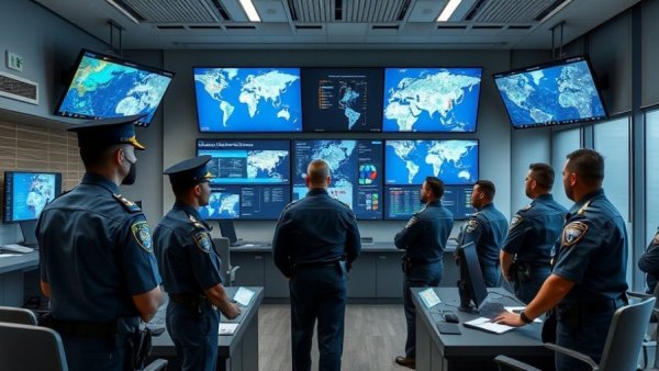 Modern police briefing room with officers, Applied Police Briefings.