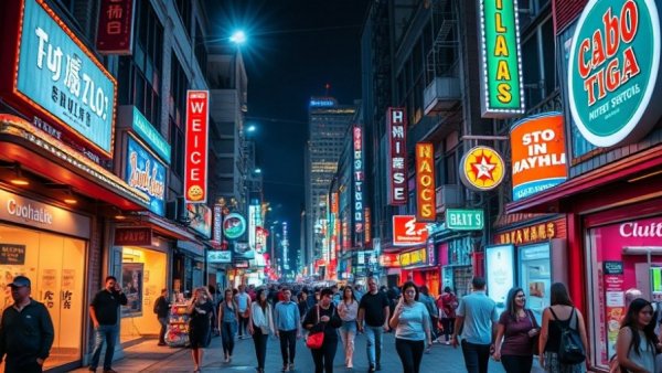 Vibrant nightlife district with bright neon lights, highlighting the urban connection between drug addiction and crime.