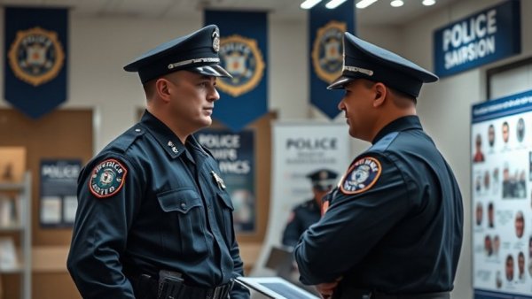Police recruitment discussion at Schertz booth