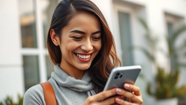 Woman using AI dictation tool on smartphone outdoors.