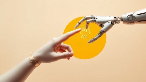Human and robotic hands reaching towards AI chip for veterinary marketing.