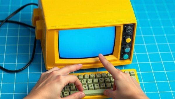 Colorful retro AI keyboard setup, futuristic cartoon style.