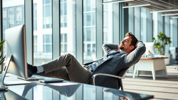 Less professional office worker relaxing at desk with feet up.
