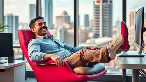 Relaxed office worker smiling with feet on desk, embodying 'Be Less Professional at Work'.