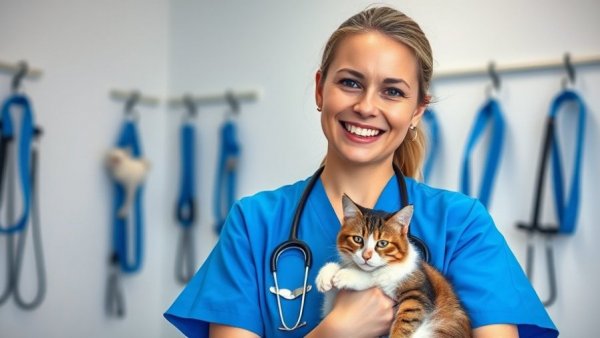 Veterinary technician career advancement with cat in clinic