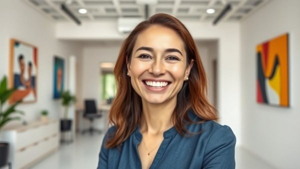 Smiling woman in office with text overlay about earnings, biohacking med spas.