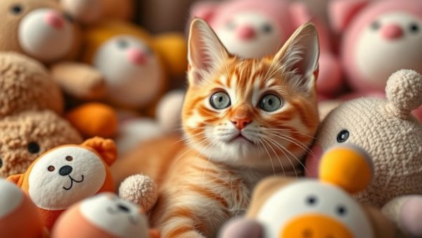 Orange tabby cat among plush toys, surprised look, indoors