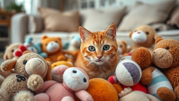 Ginger cat hidden in plush toys depicting hidden signs of stress in veterinary practices.