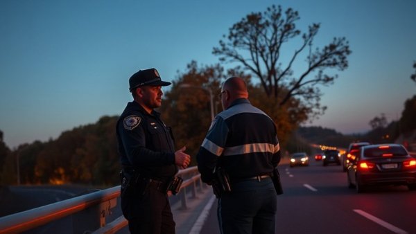 Officer prevents suicide near highway in dusk light, autumn trees.