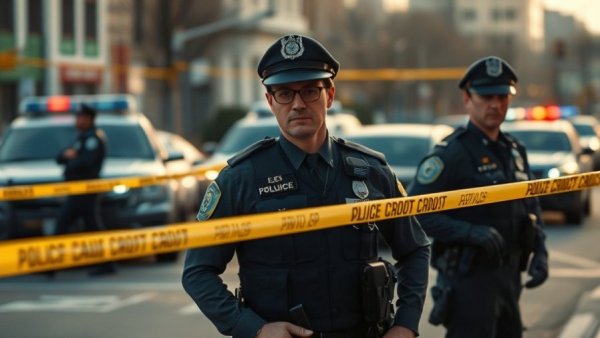 Police officers behind tape analyzing, capturing trauma bonding in law enforcement context.