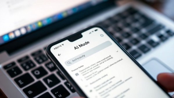 Smartphone displaying AI Mode with text, close-up view.