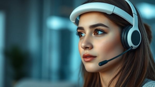Woman using Flow Headset for Depression therapy indoors.