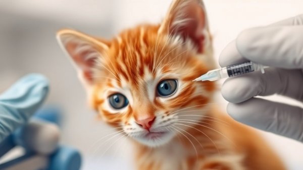 Ginger kitten receiving injection from veterinarian in clinical setting.