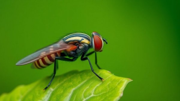 Detailed fly on green leaf, related to New World screwworm prevention.