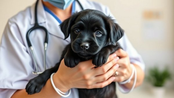 Veterinarian gently holds puppy exemplifying human-grade precision therapy care.